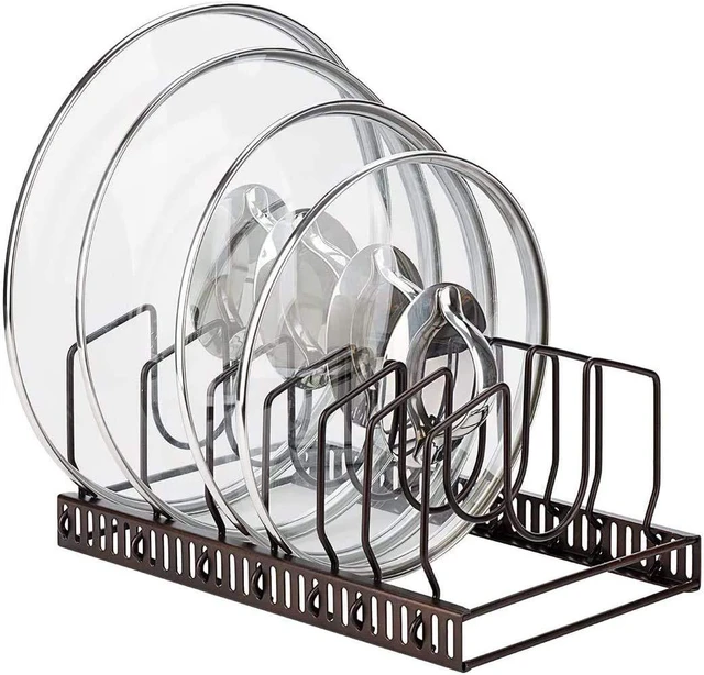 Main image of Toplife Pot Lids Organizer Rack for Cabinet and Countertop, 7+ Pan Lids and Bakeware Organizer Rack Holder with 7 Adjustable Compartments - Brown