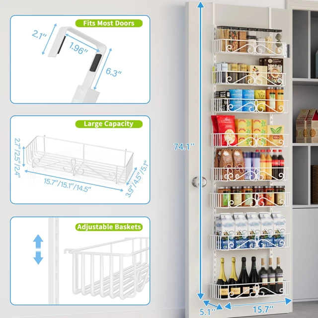 Alt view image 2 of 7 - 8-Tier Over Door Pantry Organizer, Adjustable Metal Hanging Storage Rack for Kitchen Pantry, White