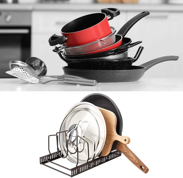 Alt view image 3 of 5 - Toplife Pot Lids Organizer Rack for Cabinet and Countertop, 7+ Pan Lids and Bakeware Organizer Rack Holder with 7 Adjustable Compartments - Brown
