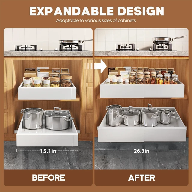 Alt view image 2 of 7 - Seinloes 2 Pack Pull Out Cabinet Organizer for Wide Cabinets,Expandable 15.1"-26.3" Width,21" Deep Slide Out Drawers With Raising Pad for Framed Cabinets,3 Slide Rails,No Drill Roll Out Shelves,White