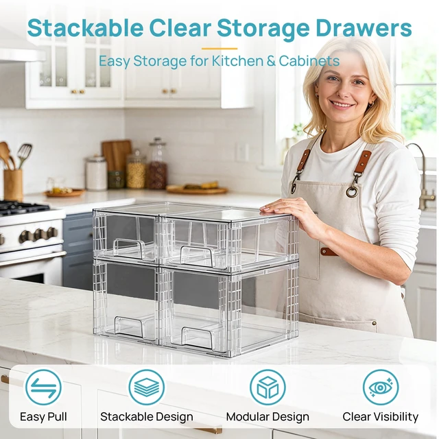Alt view image 3 of 7 - Vtopmart Clear Stackable Storage Drawers, 4 Pack Kitchen Cabinet Set