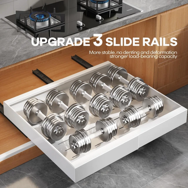 Alt view image 4 of 7 - Seinloes 2 Pack Pull Out Cabinet Organizer for Wide Cabinets,Expandable 15.1"-26.3" Width,21" Deep Slide Out Drawers With Raising Pad for Framed Cabinets,3 Slide Rails,No Drill Roll Out Shelves,White