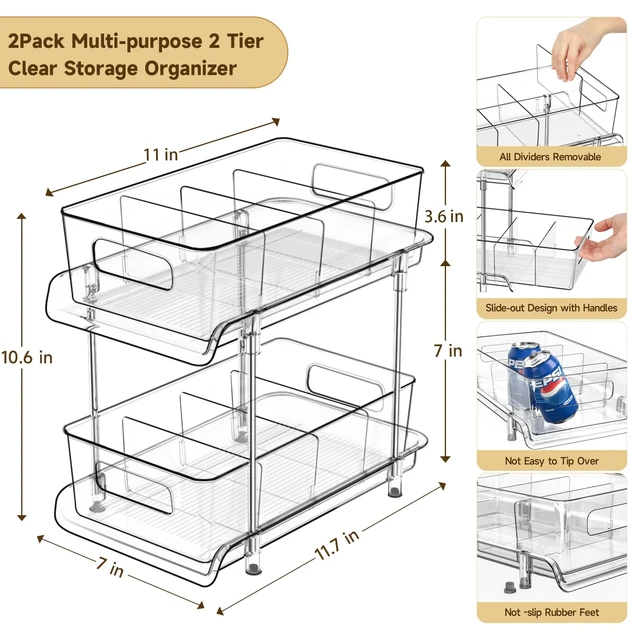 Alt view image 3 of 7 - HIHEGD 2-Tier Bathroom Organizer with Dividers, Clear Under Sink and Pull-Out Cabinet Organizer for Kitchen and Pantry Storage