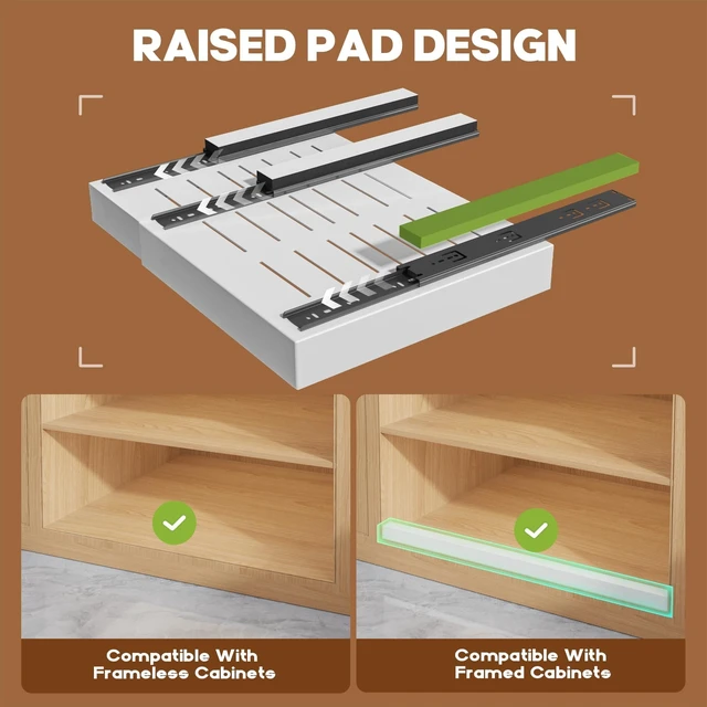 Alt view image 5 of 7 - Seinloes 2 Pack Pull Out Cabinet Organizer for Wide Cabinets,Expandable 15.1"-26.3" Width,21" Deep Slide Out Drawers With Raising Pad for Framed Cabinets,3 Slide Rails,No Drill Roll Out Shelves,White