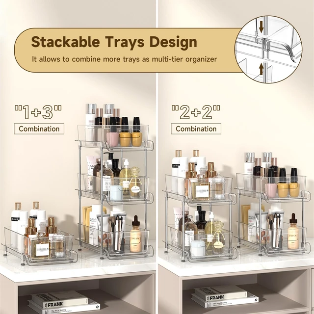 Alt view image 4 of 7 - HIHEGD 2-Tier Bathroom Organizer with Dividers, Clear Under Sink and Pull-Out Cabinet Organizer for Kitchen and Pantry Storage