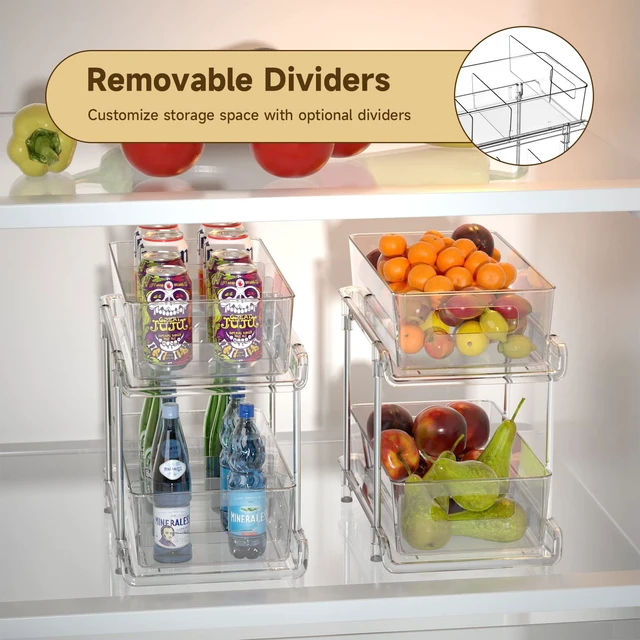 Alt view image 5 of 7 - HIHEGD 2-Tier Bathroom Organizer with Dividers, Clear Under Sink and Pull-Out Cabinet Organizer for Kitchen and Pantry Storage