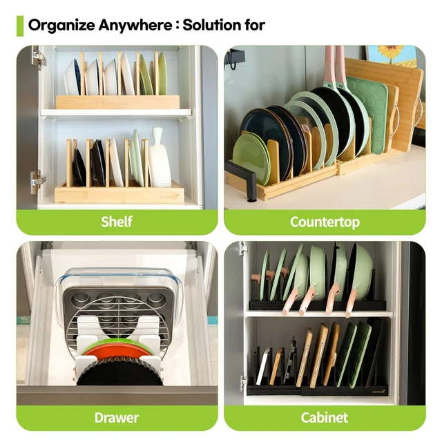 Alt view image 4 of 7 - Pots and Pans Organizer under Cabinet Expandable Bamboo Pot Lid Holder Rack