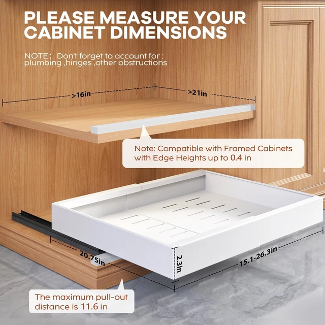 Alt view image 7 of 7 - Seinloes 2 Pack Pull Out Cabinet Organizer for Wide Cabinets,Expandable 15.1"-26.3" Width,21" Deep Slide Out Drawers With Raising Pad for Framed Cabinets,3 Slide Rails,No Drill Roll Out Shelves,White