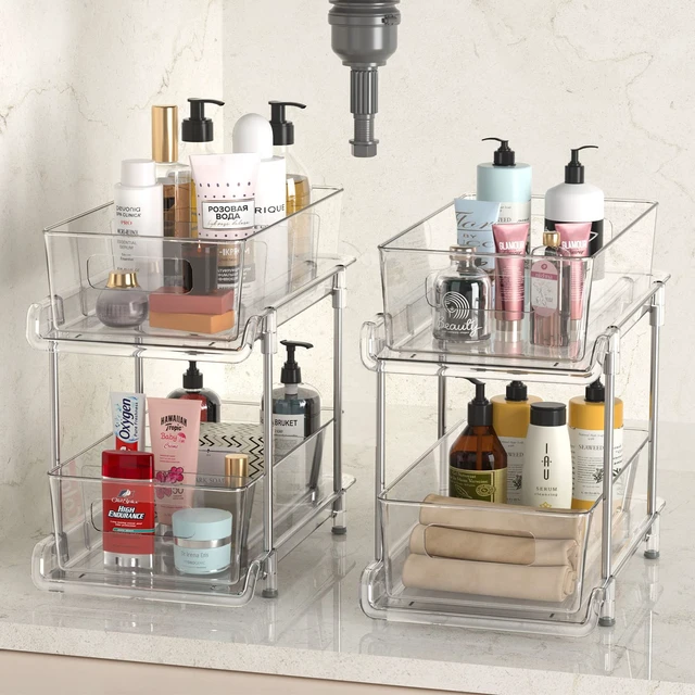 Alt view image 7 of 7 - HIHEGD 2-Tier Bathroom Organizer with Dividers, Clear Under Sink and Pull-Out Cabinet Organizer for Kitchen and Pantry Storage