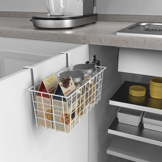 Alt view image 2 of 7 - MaraFansie Basket with Hook, Grid Storage Basket, Over the Cabinet Door Organizer, Wire Hanging Basket with Hook Over the Door/Railing, Under Sink Kitchen Cabinet, Pantry, Bathroom, White, 4 Pack