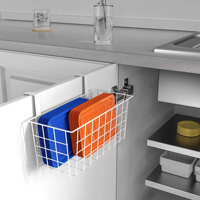 Alt view image 3 of 7 - MaraFansie Basket with Hook, Grid Storage Basket, Over the Cabinet Door Organizer, Wire Hanging Basket with Hook Over the Door/Railing, Under Sink Kitchen Cabinet, Pantry, Bathroom, White, 4 Pack