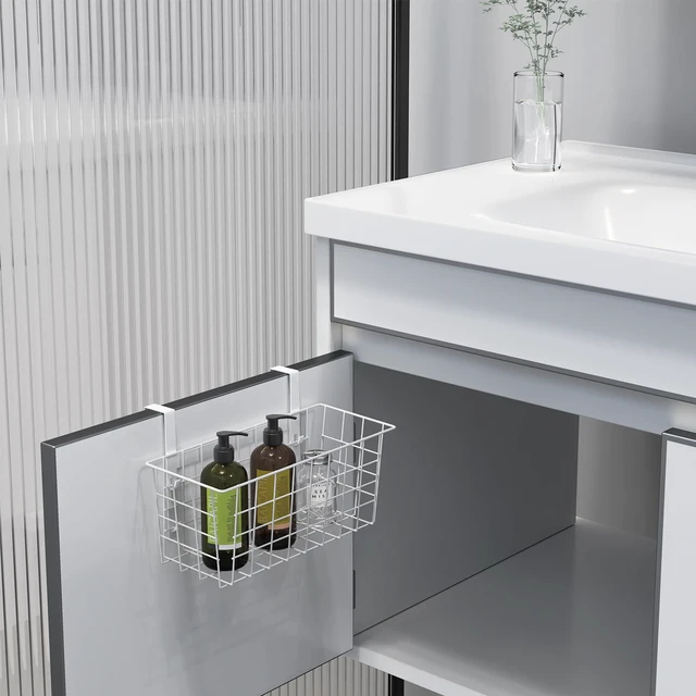 Alt view image 4 of 7 - MaraFansie Basket with Hook, Grid Storage Basket, Over the Cabinet Door Organizer, Wire Hanging Basket with Hook Over the Door/Railing, Under Sink Kitchen Cabinet, Pantry, Bathroom, White, 4 Pack
