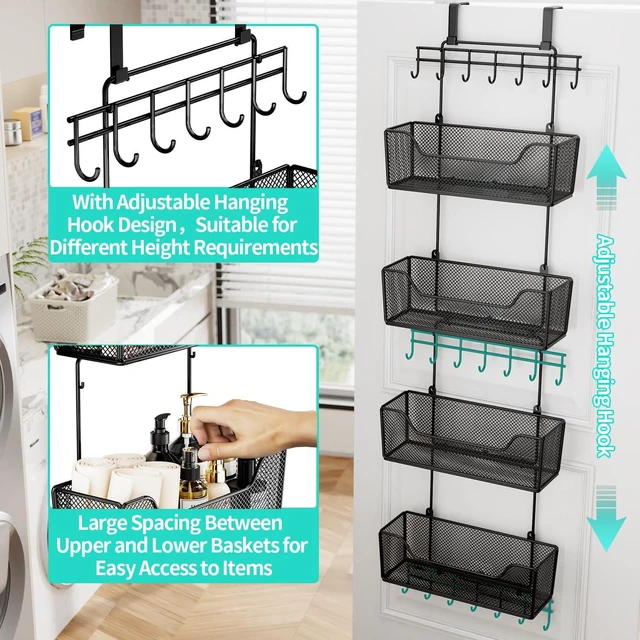 Alt view image 3 of 7 - HapiRm Over The Door Organizer - Hanging Door Organizer with 4 Metal Large Capacity Baskets and Adjustable Coat Hook for Bathroom Bedroom Kitchen Pantry Closet Cabinet