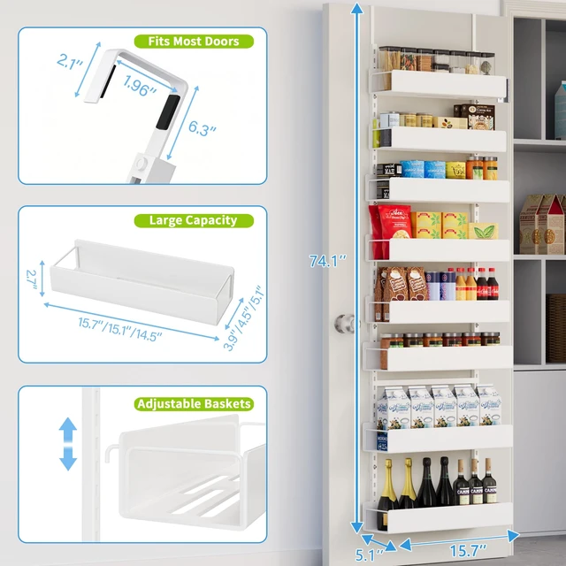 Alt view image 2 of 7 - 8-Tier Over Door Pantry Organizer, Metal Hanging Storage Rack for Kitchen Bedroom White