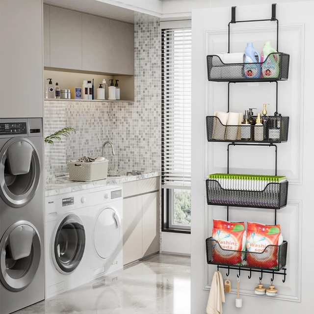 Alt view image 5 of 7 - HapiRm Over The Door Organizer - Hanging Door Organizer with 4 Metal Large Capacity Baskets and Adjustable Coat Hook for Bathroom Bedroom Kitchen Pantry Closet Cabinet