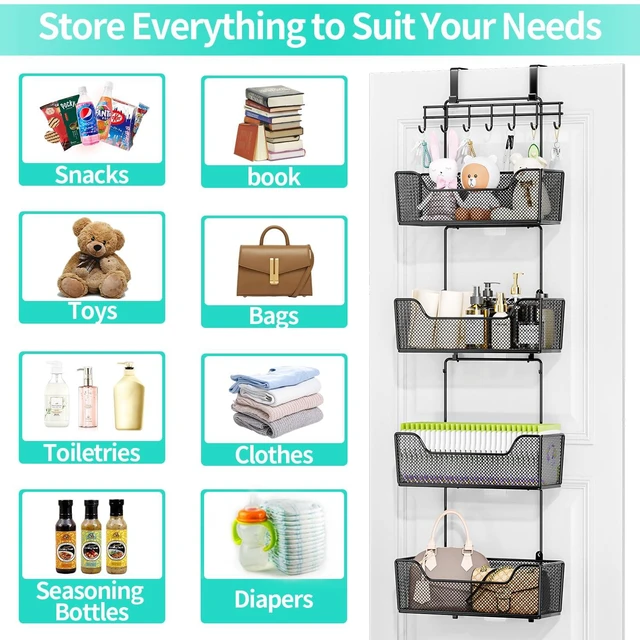 Alt view image 6 of 7 - HapiRm Over The Door Organizer - Hanging Door Organizer with 4 Metal Large Capacity Baskets and Adjustable Coat Hook for Bathroom Bedroom Kitchen Pantry Closet Cabinet