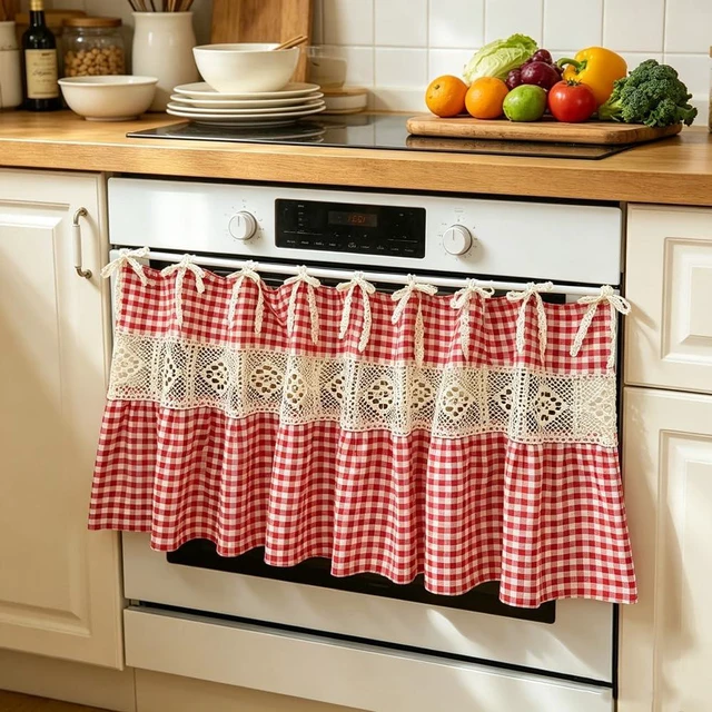 Main image of Red Gingham Kitchen Sink Oven Curtain, Tie Top Cafe Curtain with Bow Ties