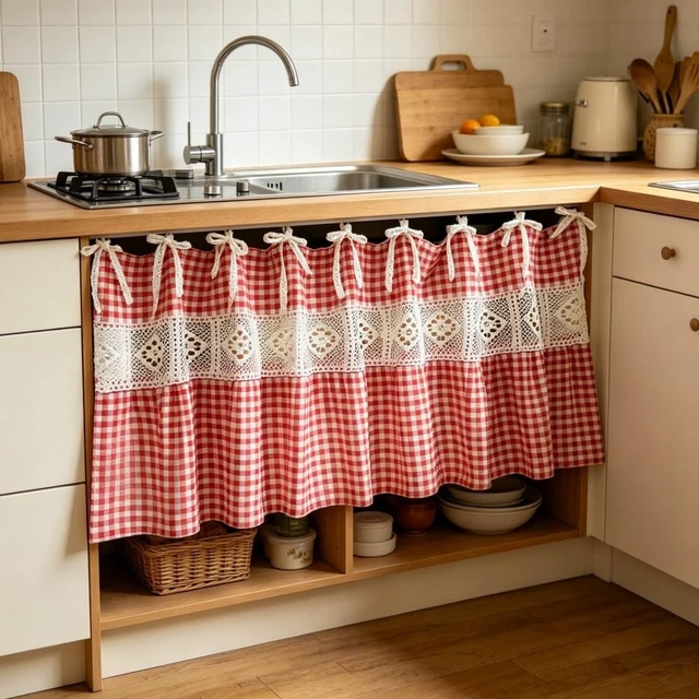 Alt view image 3 of 7 - Red Gingham Kitchen Sink Oven Curtain, Tie Top Cafe Curtain with Bow Ties