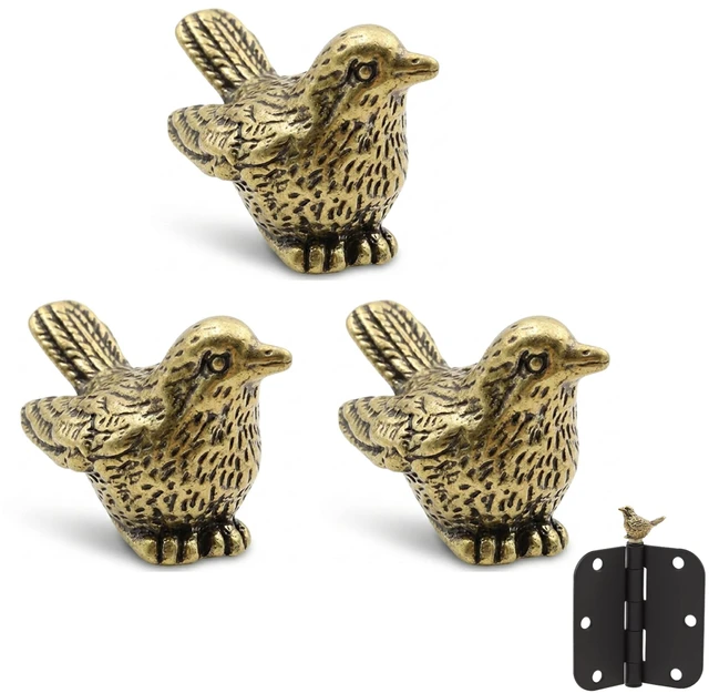 Main image of 3 Pcs Brass Sparrow Door Hinge Toppers, Mini Bird Decor