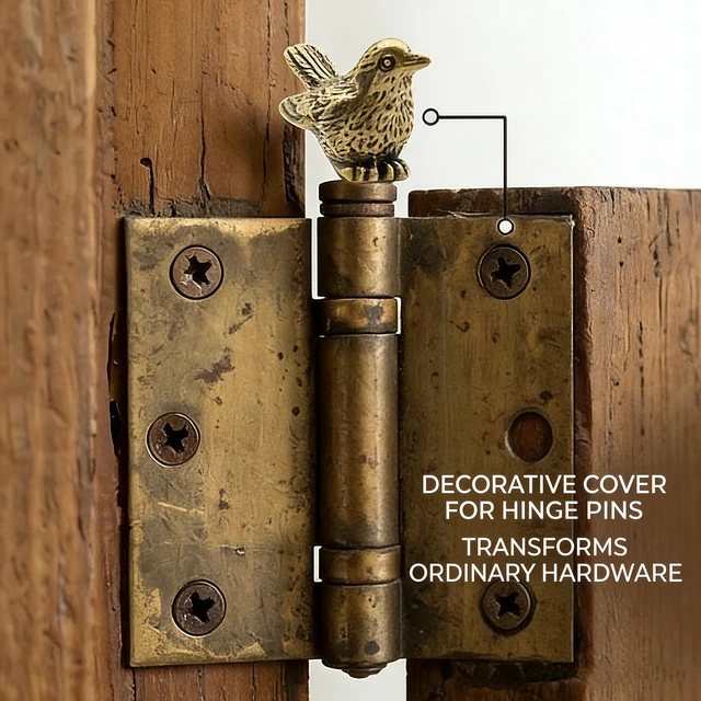 Alt view image 5 of 6 - 3 Pcs Brass Sparrow Door Hinge Toppers, Mini Bird Decor