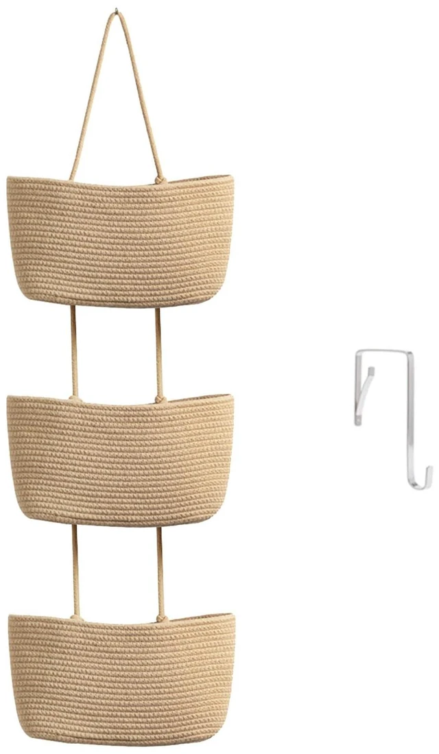 Main image of TeoKJ Over the Door Hanging Storage Basket Woven 3 Tier Wall Organizer Jute