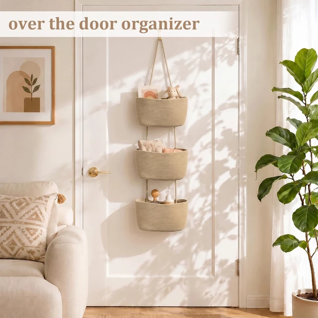 Alt view image 2 of 7 - TeoKJ Over the Door Hanging Storage Basket Woven 3 Tier Wall Organizer Jute