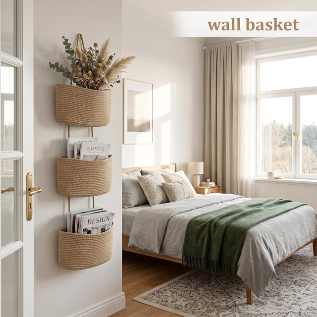 Alt view image 3 of 7 - TeoKJ Over the Door Hanging Storage Basket Woven 3 Tier Wall Organizer Jute