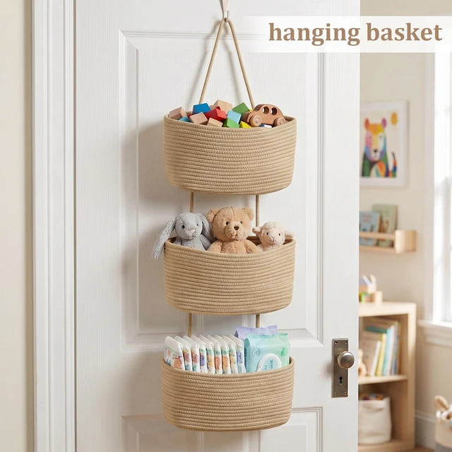 Alt view image 4 of 7 - TeoKJ Over the Door Hanging Storage Basket Woven 3 Tier Wall Organizer Jute