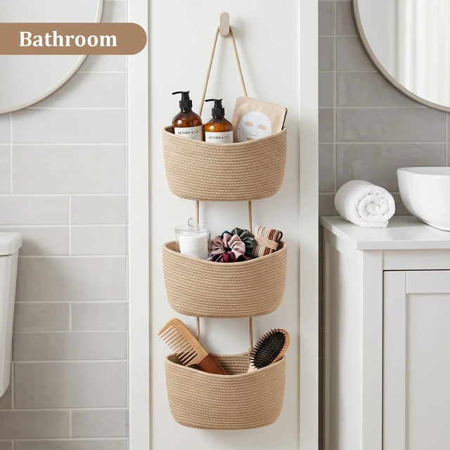 Alt view image 7 of 7 - TeoKJ Over the Door Hanging Storage Basket Woven 3 Tier Wall Organizer Jute