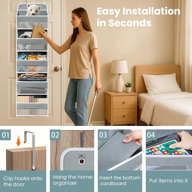 Alt view image 6 of 7 - Over the Door Organizer for Bathroom, Bedroom, Pantry, 5 Shelves Grey