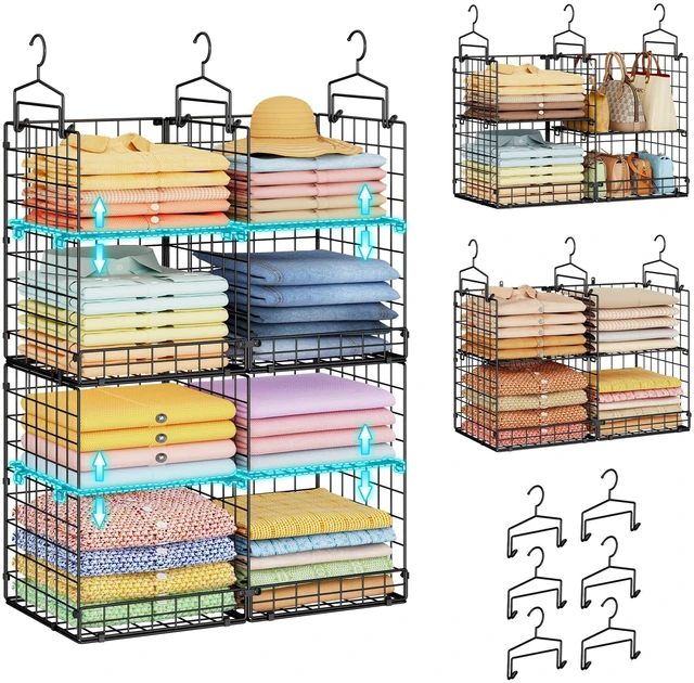 Main image of Hanging Closet Organizer with DIY Spacing, Double-Row Closet Hanging Shelves with 4 Adjustable Dividers & 6 Hooks, Heavy Duty Metal Closet Storage Organizer with Front Guard, Split into 2 Units