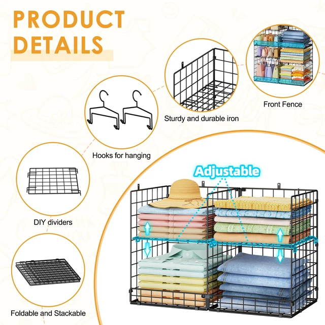 Alt view image 2 of 7 - Hanging Closet Organizer with DIY Spacing, Double-Row Closet Hanging Shelves with 4 Adjustable Dividers & 6 Hooks, Heavy Duty Metal Closet Storage Organizer with Front Guard, Split into 2 Units