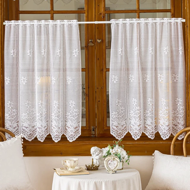 Main image of 2 Panels Lace Kitchen Tier Curtains 35 Inch Length, Sheer Scalloped Floral Embroidered Small Cafe Curtain, Light Filtering Short Curtains for Living Room Bathroom (White,35"x35")