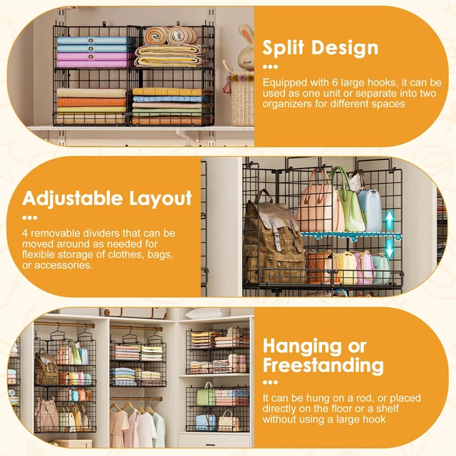 Alt view image 3 of 7 - Hanging Closet Organizer with DIY Spacing, Double-Row Closet Hanging Shelves with 4 Adjustable Dividers & 6 Hooks, Heavy Duty Metal Closet Storage Organizer with Front Guard, Split into 2 Units