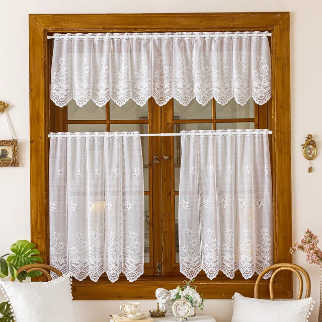 Alt view image 2 of 7 - 2 Panels Lace Kitchen Tier Curtains 35 Inch Length, Sheer Scalloped Floral Embroidered Small Cafe Curtain, Light Filtering Short Curtains for Living Room Bathroom (White,35"x35")