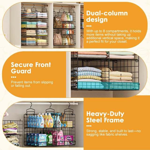 Alt view image 4 of 7 - Hanging Closet Organizer with DIY Spacing, Double-Row Closet Hanging Shelves with 4 Adjustable Dividers & 6 Hooks, Heavy Duty Metal Closet Storage Organizer with Front Guard, Split into 2 Units