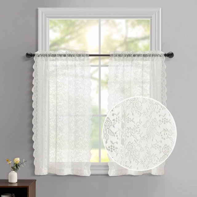 Main image of FINECITY Ivory Lace Kitchen Curtains for Windows W25 x L36 Inch, 2 Panels