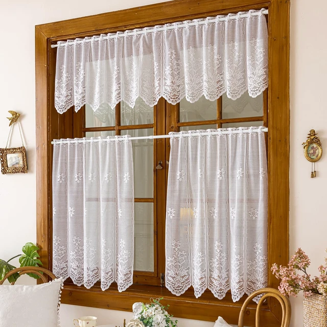 Alt view image 3 of 7 - 2 Panels Lace Kitchen Tier Curtains 35 Inch Length, Sheer Scalloped Floral Embroidered Small Cafe Curtain, Light Filtering Short Curtains for Living Room Bathroom (White,35"x35")