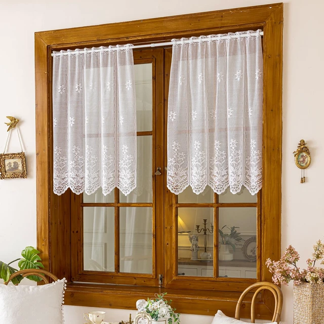Alt view image 4 of 7 - 2 Panels Lace Kitchen Tier Curtains 35 Inch Length, Sheer Scalloped Floral Embroidered Small Cafe Curtain, Light Filtering Short Curtains for Living Room Bathroom (White,35"x35")