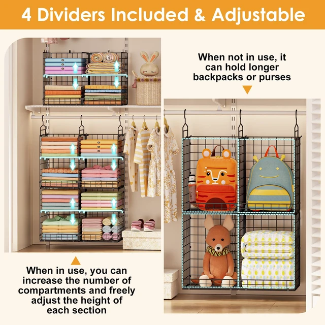 Alt view image 5 of 7 - Hanging Closet Organizer with DIY Spacing, Double-Row Closet Hanging Shelves with 4 Adjustable Dividers & 6 Hooks, Heavy Duty Metal Closet Storage Organizer with Front Guard, Split into 2 Units