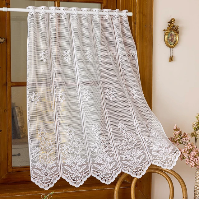 Alt view image 5 of 7 - 2 Panels Lace Kitchen Tier Curtains 35 Inch Length, Sheer Scalloped Floral Embroidered Small Cafe Curtain, Light Filtering Short Curtains for Living Room Bathroom (White,35"x35")