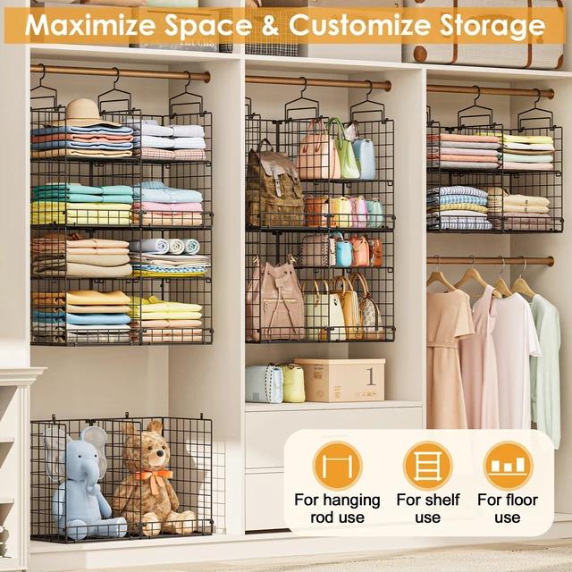 Alt view image 6 of 7 - Hanging Closet Organizer with DIY Spacing, Double-Row Closet Hanging Shelves with 4 Adjustable Dividers & 6 Hooks, Heavy Duty Metal Closet Storage Organizer with Front Guard, Split into 2 Units