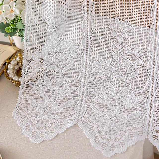 Alt view image 6 of 7 - 2 Panels Lace Kitchen Tier Curtains 35 Inch Length, Sheer Scalloped Floral Embroidered Small Cafe Curtain, Light Filtering Short Curtains for Living Room Bathroom (White,35"x35")