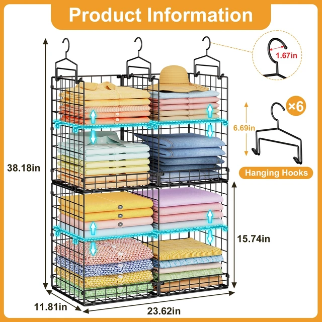 Alt view image 7 of 7 - Hanging Closet Organizer with DIY Spacing, Double-Row Closet Hanging Shelves with 4 Adjustable Dividers & 6 Hooks, Heavy Duty Metal Closet Storage Organizer with Front Guard, Split into 2 Units