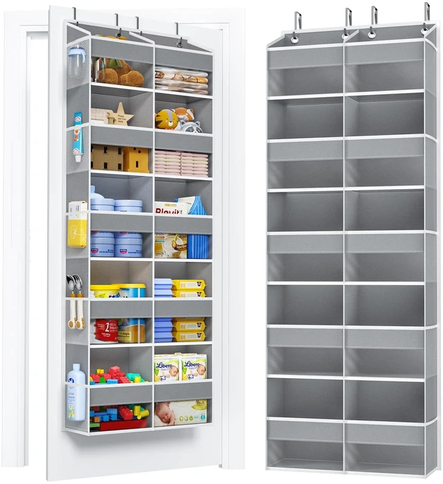 Main image of PureSpace 5-Tier Over the Door Organizer, 10 Side Mesh Pockets & Clear Windows, 80LBS Heavy Duty Hanging Storage for Baby Diapers, Shoes, Toys Ideal for Nursery, Bathroom, Bedroom, Pantry (Grey)