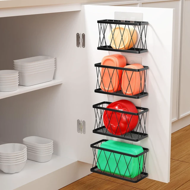 Main image of BasicForm 4 Pack Metal Kitchen Inside Cabinet Door Organizer, Adhesive Lid Organizers Cabinet Door Storage for Tupperware Lid, Storage Holder Basket for Kitchen Wall Mounted (Black)