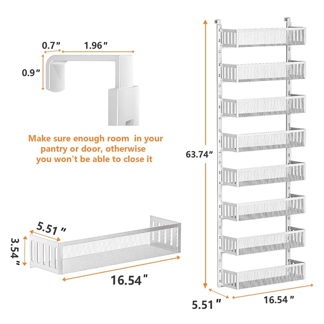 Alt view image 2 of 7 - 8-Tier Over The Door Pantry Organizer with Mesh Baskets, Adjustable & Stable Hanging Spice Rack for Kitchen, Bathroom, Bedroom, and Baby Essentials Storage (16" W 8-Tiers, White)