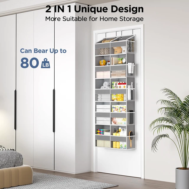 Alt view image 2 of 7 - PureSpace 5-Tier Over the Door Organizer, 10 Side Mesh Pockets & Clear Windows, 80LBS Heavy Duty Hanging Storage for Baby Diapers, Shoes, Toys Ideal for Nursery, Bathroom, Bedroom, Pantry (Grey)