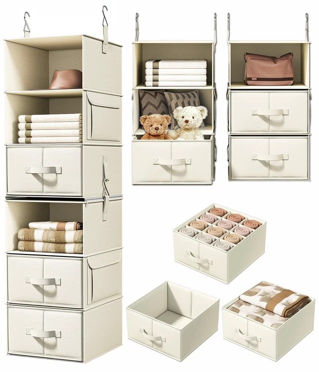 Main image of 6-Shelf Hanging Closet Organizer with 3 Drawers, 2-in-1 Design, Beige