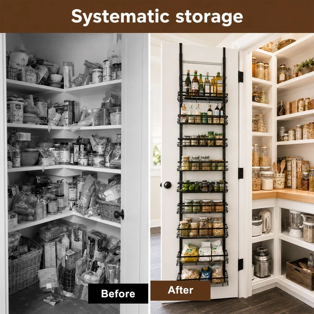 Alt view image 3 of 7 - Pantry Door Organizer, 9-Tier Over The Door Pantry Organizer for Kitchen Pantry Storage, Adjustable Metal Hanging Spice Rack with 9 Baskets for Pantry Kitchen Bathroom Laundry Room Closet, Black